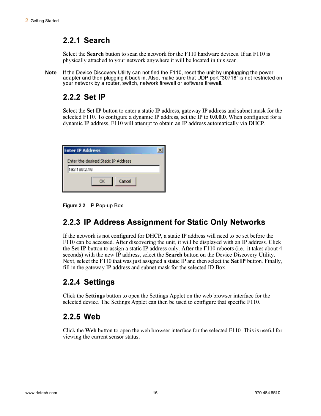 Falcon F110 manual Search, Set IP, IP Address Assignment for Static Only Networks, Settings, 5 Web 