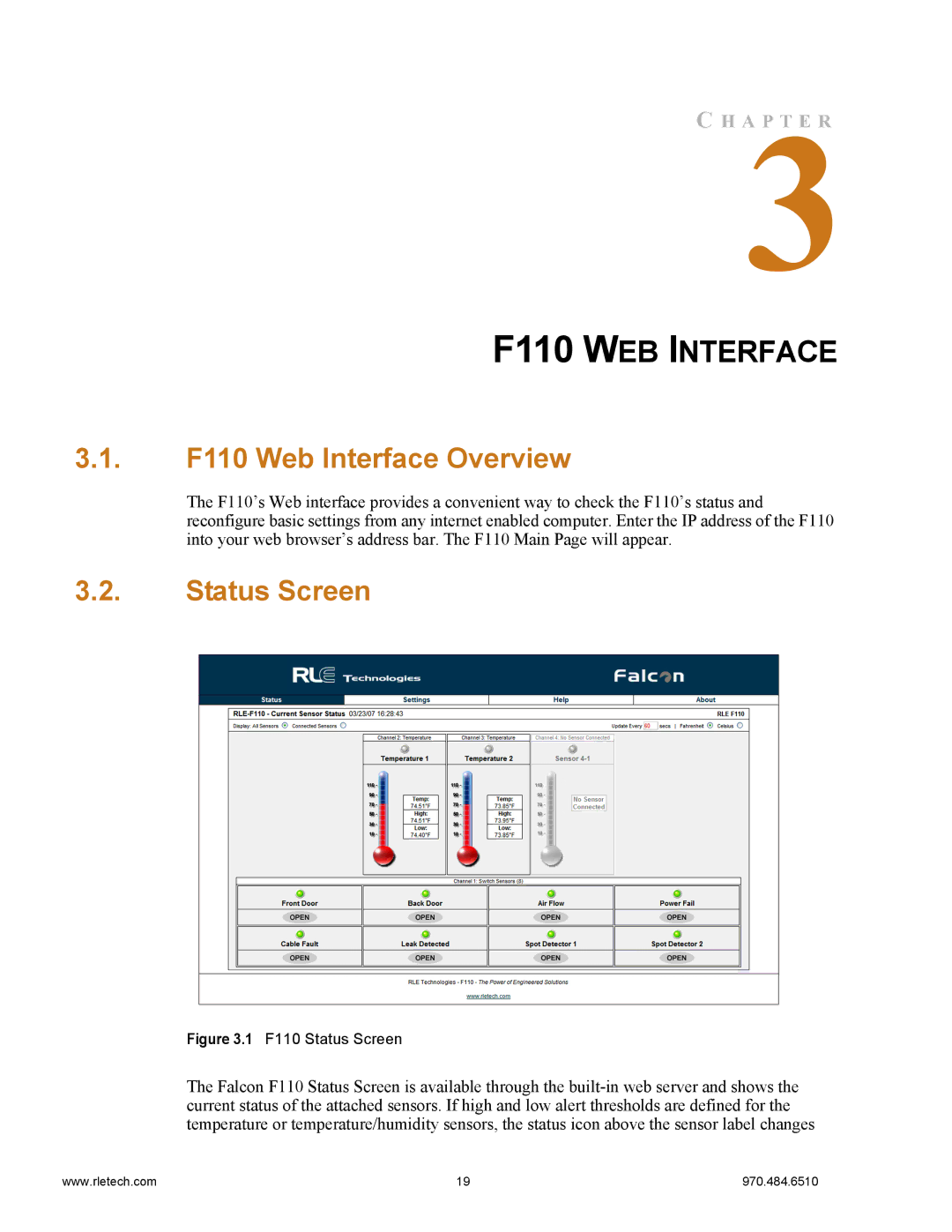 Falcon manual F110 WEB Interface, F110 Web Interface Overview, Status Screen 