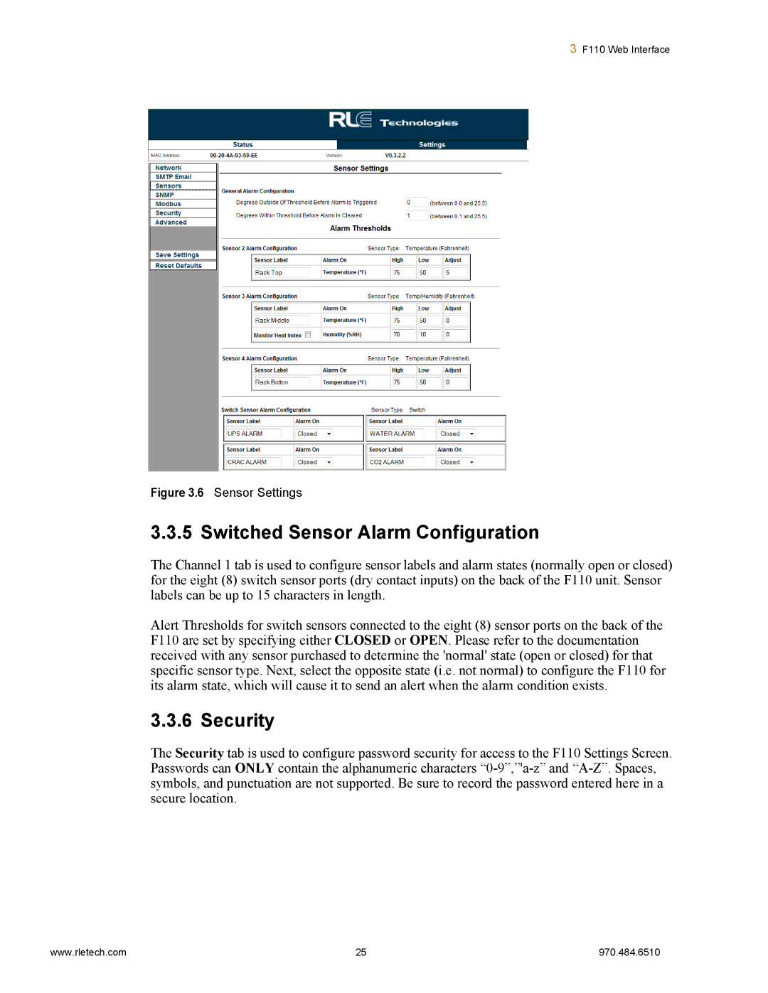 Falcon F110 manual Switched Sensor Alarm Configuration, Security 