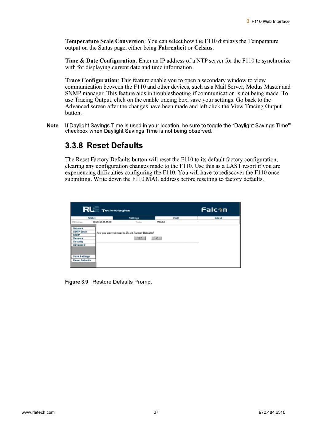 Falcon F110 manual Reset Defaults, Restore Defaults Prompt 