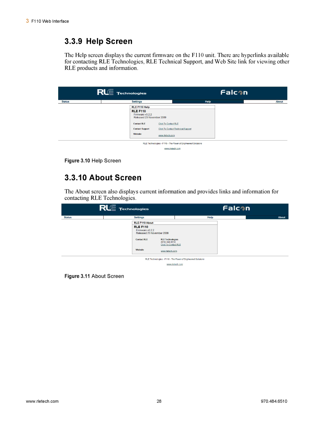 Falcon F110 manual Help Screen, About Screen 