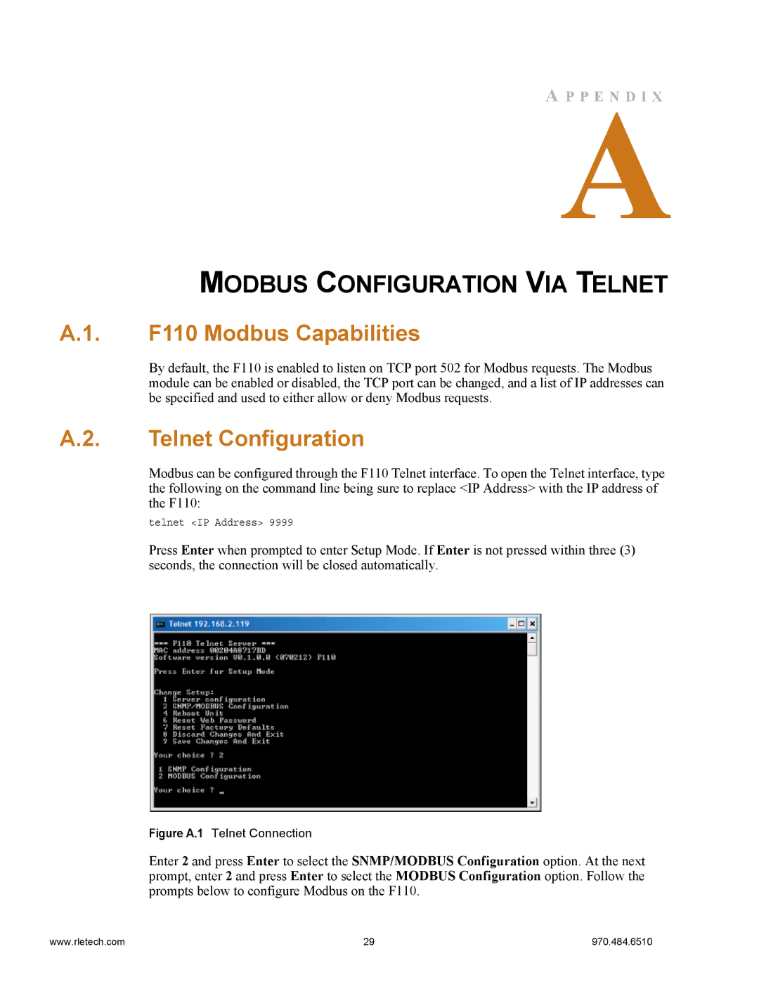 Falcon manual Modbus Configuration VIA Telnet, F110 Modbus Capabilities, Telnet Configuration 