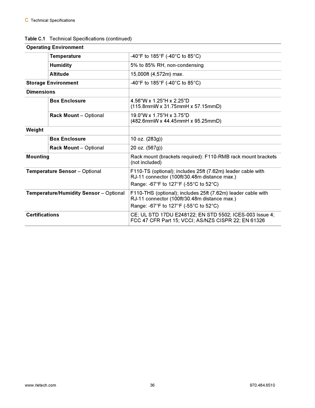 Falcon F110 manual Operating Environment Temperature 