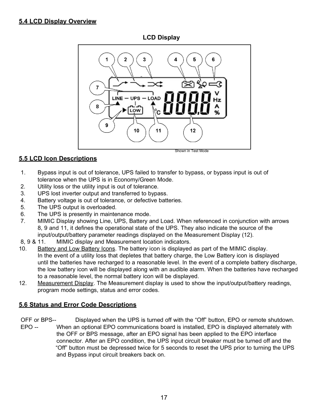 Falcon FN4KRM-2TXI, FN6KRM-2TXI, FN3KRM-2 LCD Display Overview, LCD Icon Descriptions, Status and Error Code Descriptions 