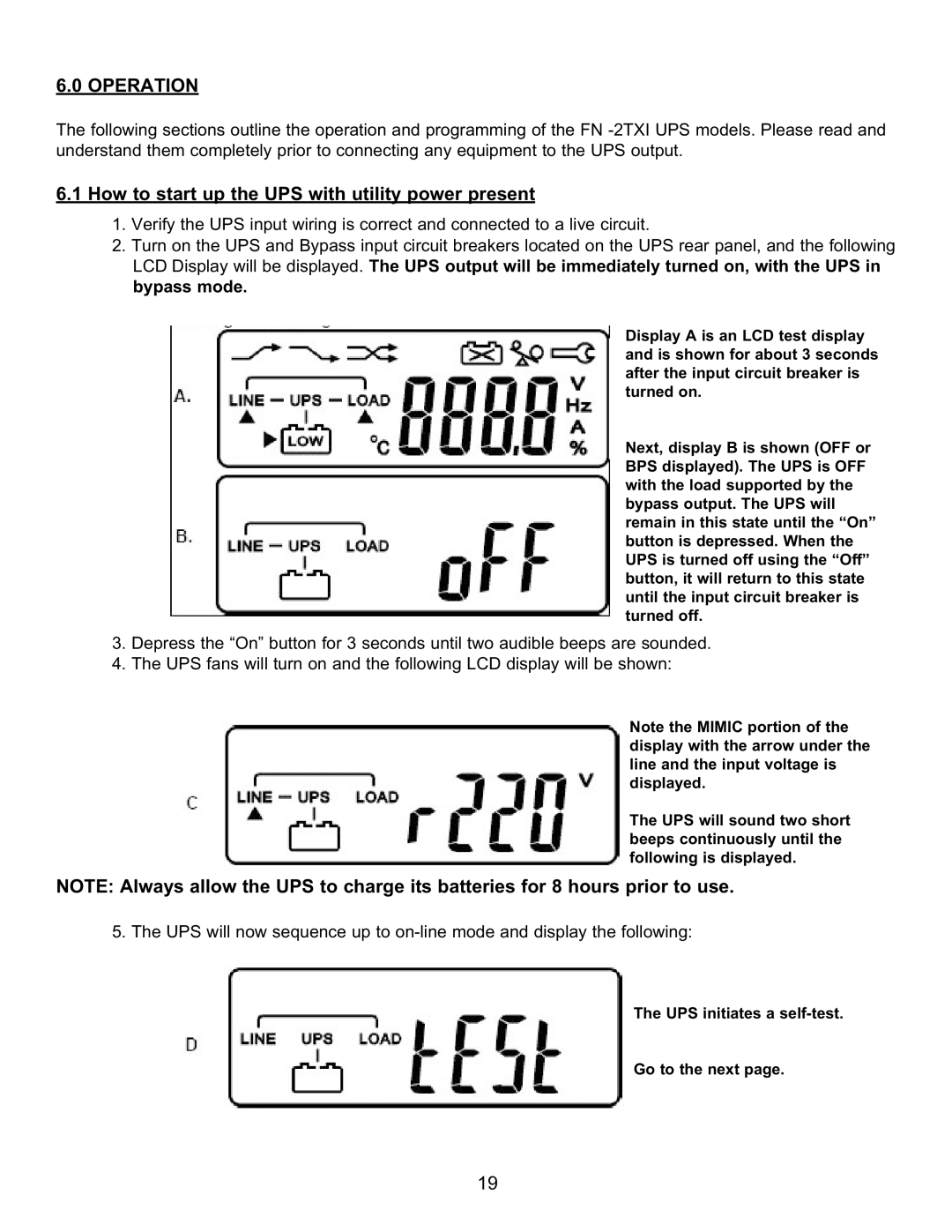 Falcon FN6KRM-2TXI, FN4KRM-2TXI, FN3KRM-2TXI manual Operation, How to start up the UPS with utility power present 