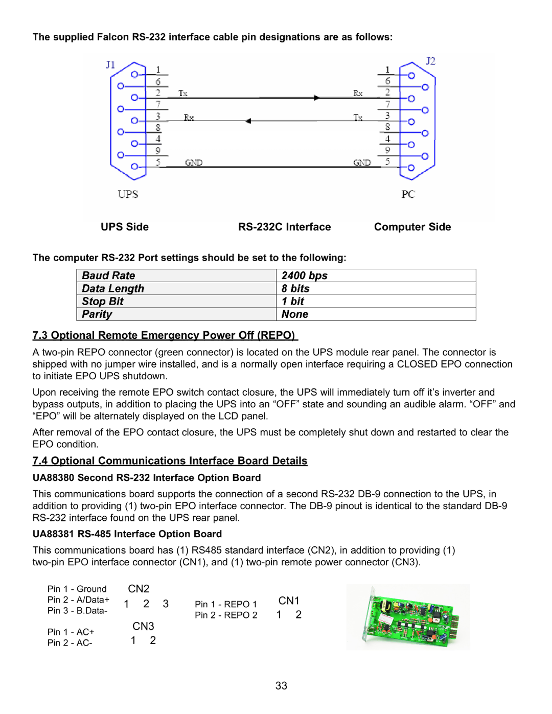 Falcon FN4KRM-2TXI, FN6KRM-2TXI manual UPS Side RS-232C Interface Computer Side, Optional Remote Emergency Power Off Repo 