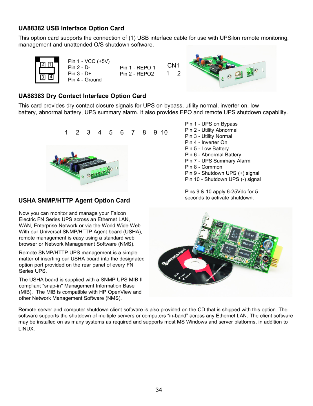 Falcon FN4KRM-2TXI, FN6KRM-2TXI, FN3KRM-2 UA88382 USB Interface Option Card, UA88383 Dry Contact Interface Option Card 