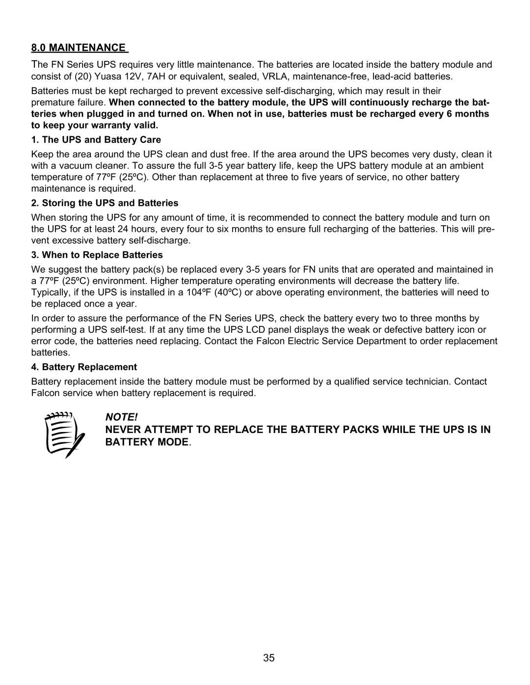 Falcon FN6KRM-2TXI, FN4KRM-2TXI, FN3KRM-2TXI manual Maintenance, UPS and Battery Care 