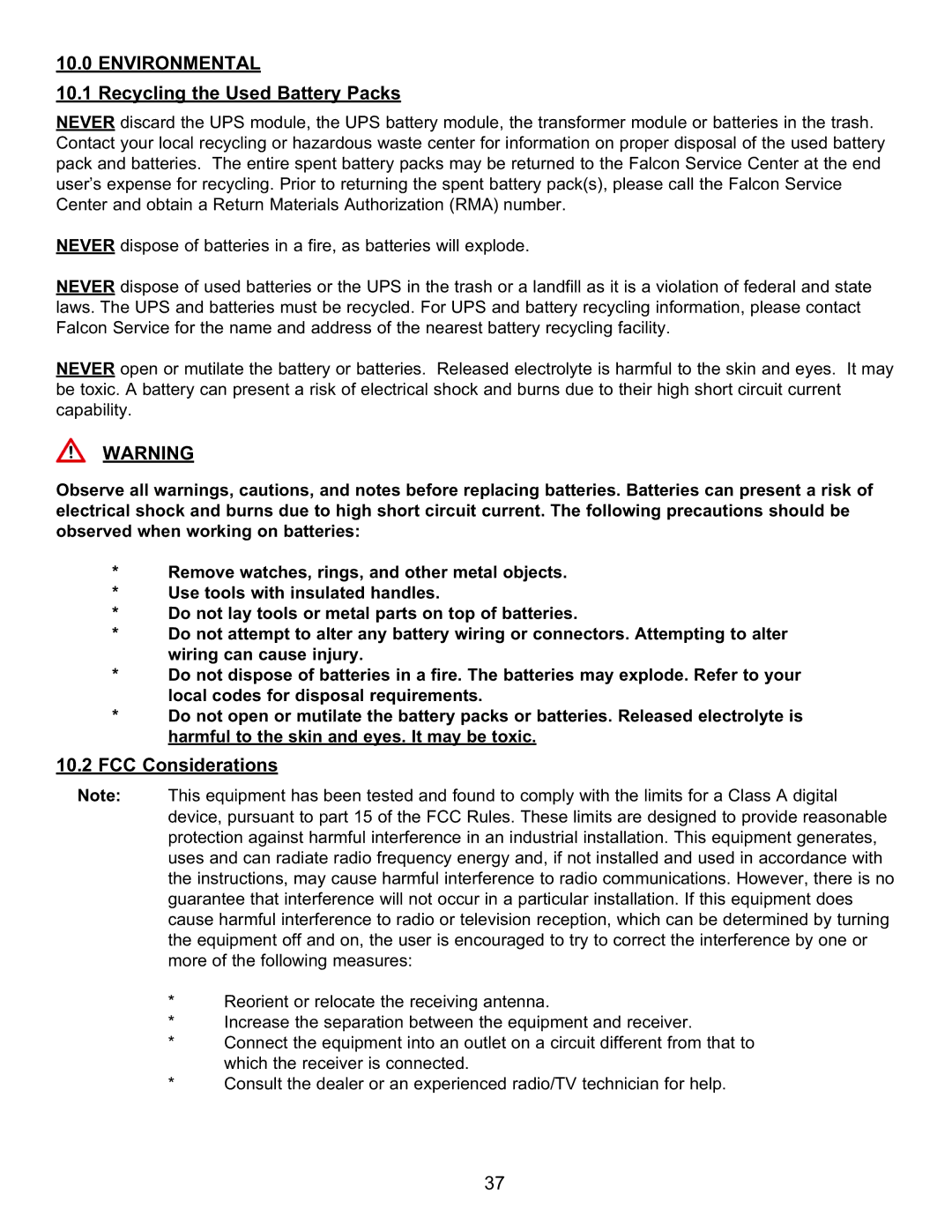 Falcon FN4KRM-2TXI, FN6KRM-2TXI, FN3KRM-2TXI manual Environmental, Recycling the Used Battery Packs, FCC Considerations 