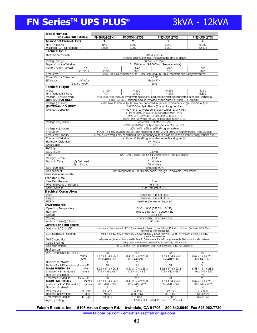 Falcon FN4KRM-2TXI, FN6KRM-2TXI, FN3KRM-2TXI manual FN SeriesTM UPS Plus 3kVA 12kVA 