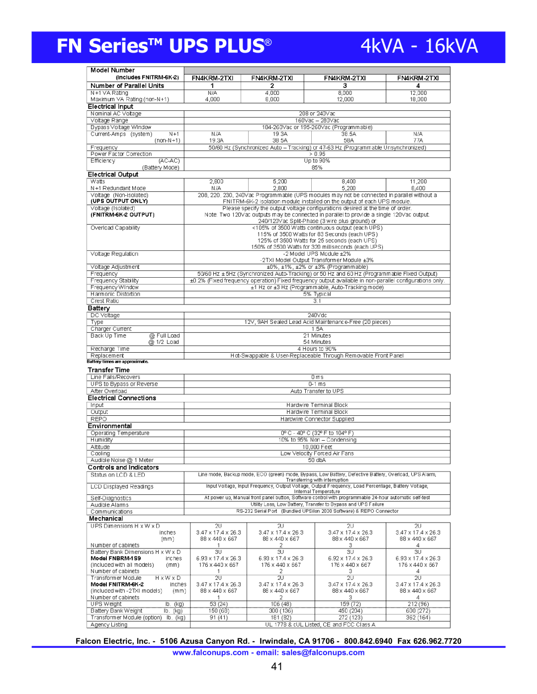 Falcon FN4KRM-2TXI, FN6KRM-2TXI, FN3KRM-2TXI manual FN SeriesTM UPS Plus 4kVA 16kVA 