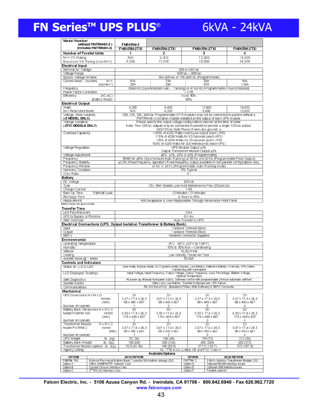 Falcon FN6KRM-2TXI, FN4KRM-2TXI, FN3KRM-2TXI manual FN SeriesTM UPS Plus 6kVA 24kVA 