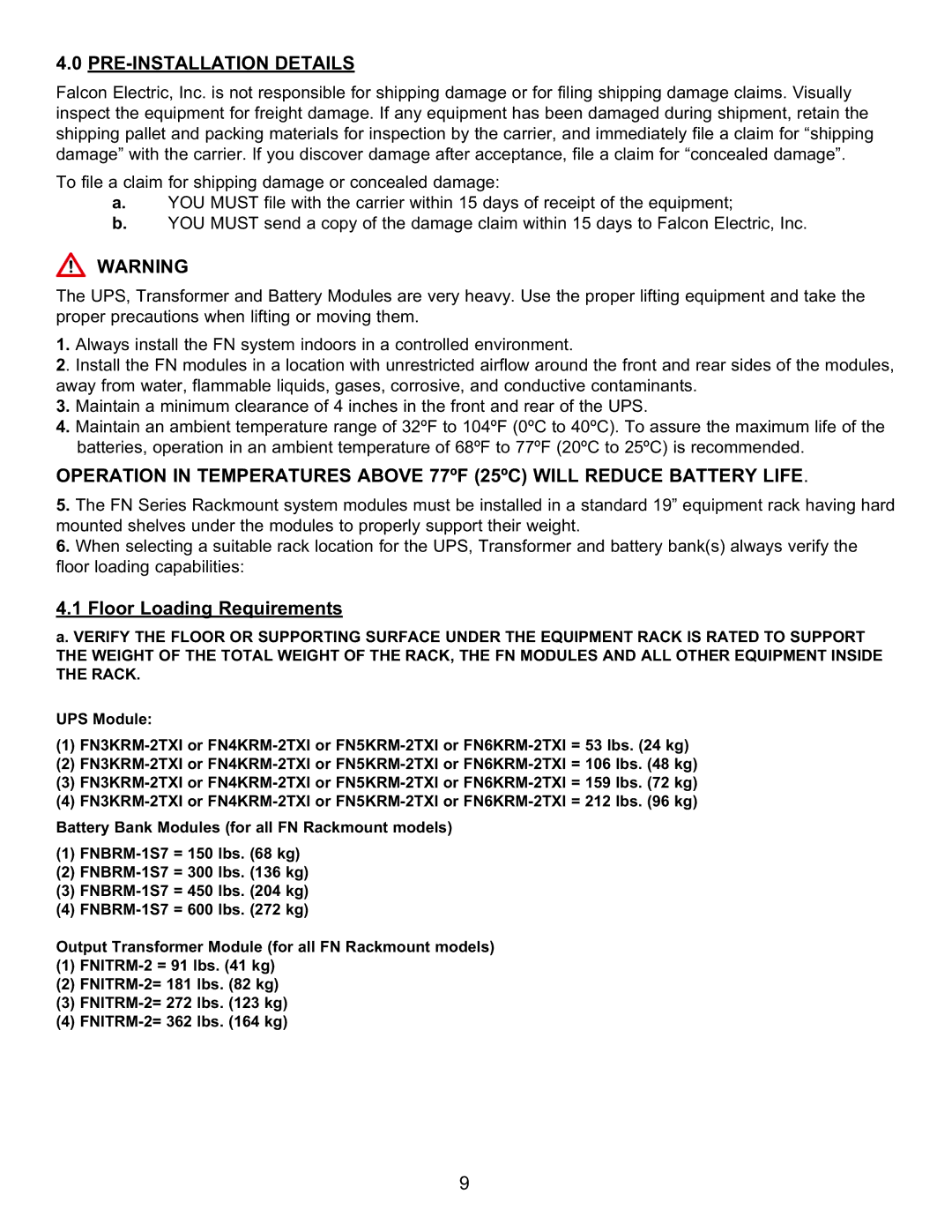 Falcon FN4KRM-2TXI, FN6KRM-2TXI, FN3KRM-2TXI manual PRE-INSTALLATION Details, Floor Loading Requirements 