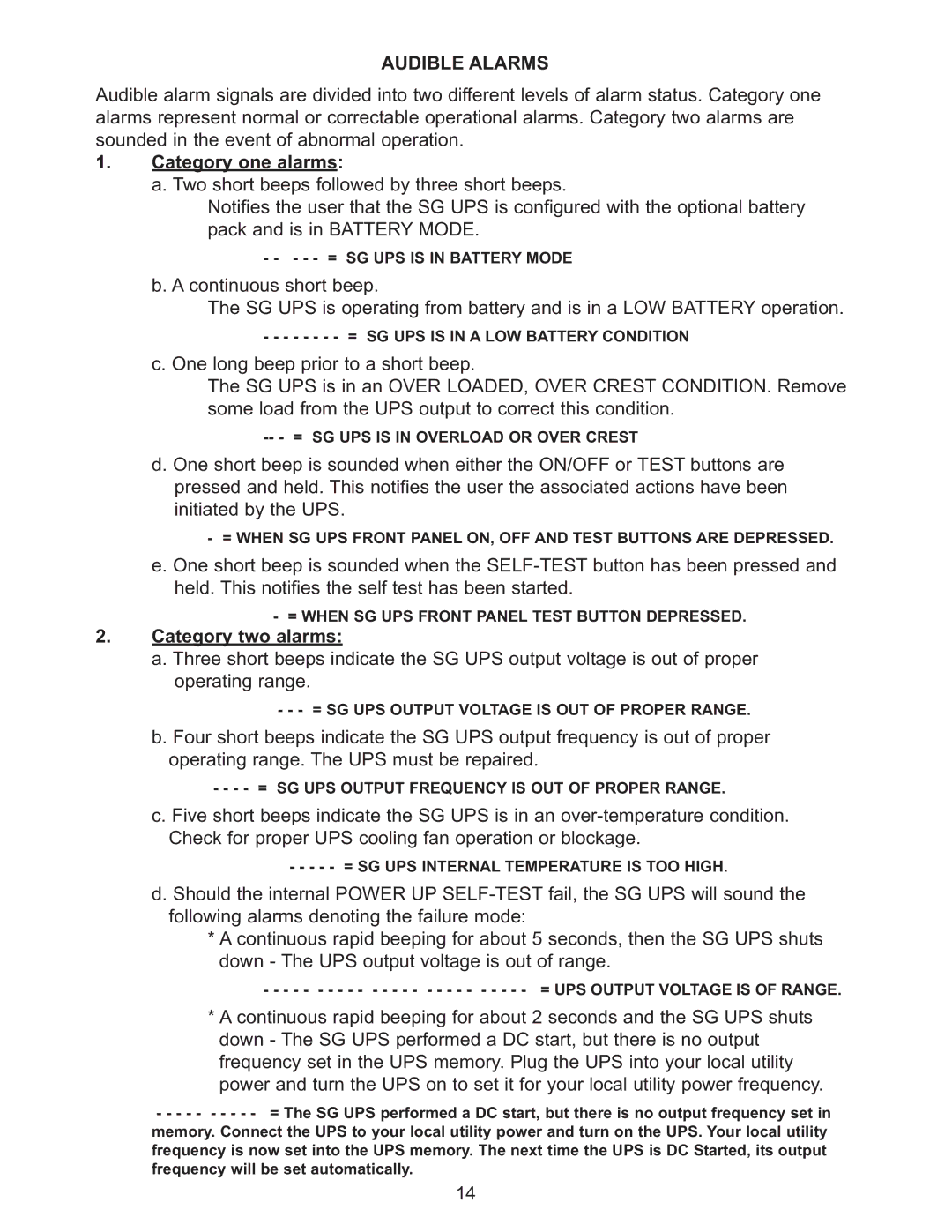 Falcon SG3K-2T-HW, SG3K-1T-HW Audible Alarms, Category one alarms, Category two alarms, = UPS Output Voltage is of Range 