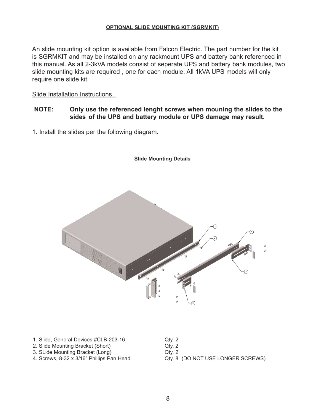 Falcon SG2KRM-2TU, SG3KRM-1TU, SG2KRM-1TU, SG1KRM-2TU, SG3KRM-2TU Optional Slide Mounting KIT Sgrmkit, Slide Mounting Details 