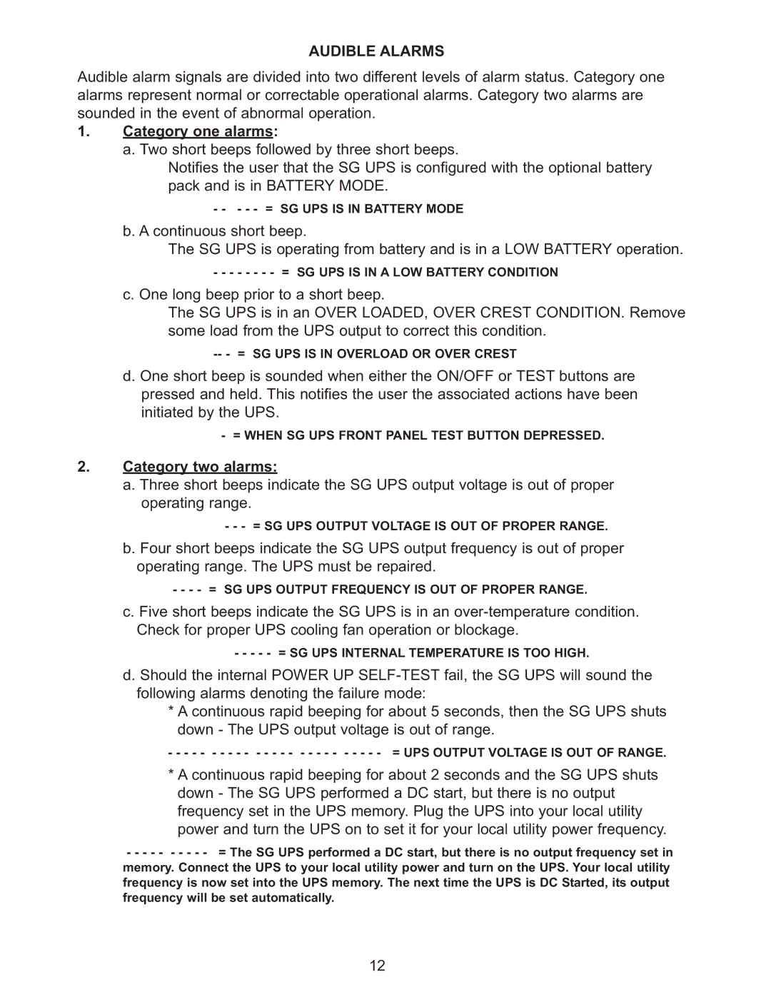 Falcon SG1KRM-2TU, SG3KRM-1TU, SG2KRM-1TU, SG3KRM-2TU, SG2KRM-2TU Audible Alarms, Category one alarms, Category two alarms 