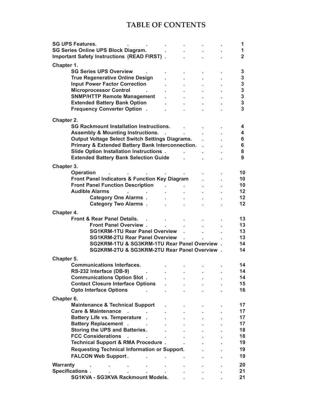 Falcon SG1KRM-2TU, SG3KRM-1TU, SG2KRM-1TU, SG3KRM-2TU, SG2KRM-2TU, SG1KRM-1TU specifications Table of Contents 