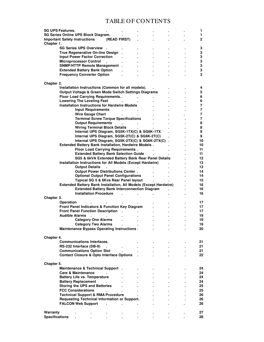 Falcon SG5K-2TXC, SG6K-2TC, SG5K-1TXC, SG5K-2TC, SG6K-1TX specifications Table of Contents 