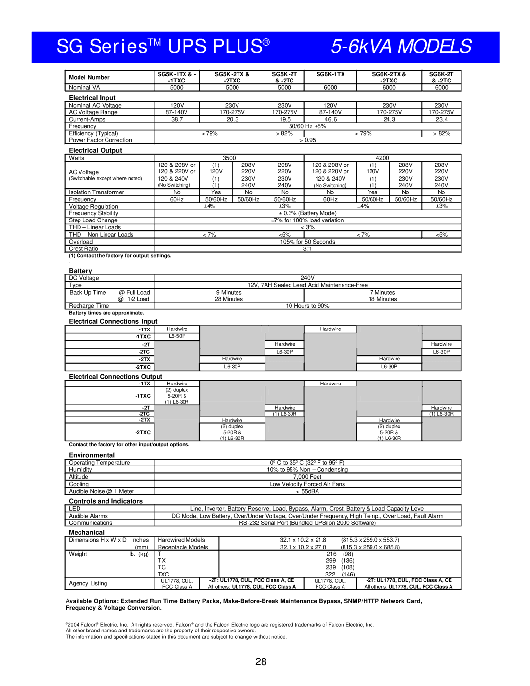 Falcon SG5K-2TC, SG6K-2TC, SG5K-1TXC, SG5K-2TXC, SG6K-1TX specifications 6kVA Models 