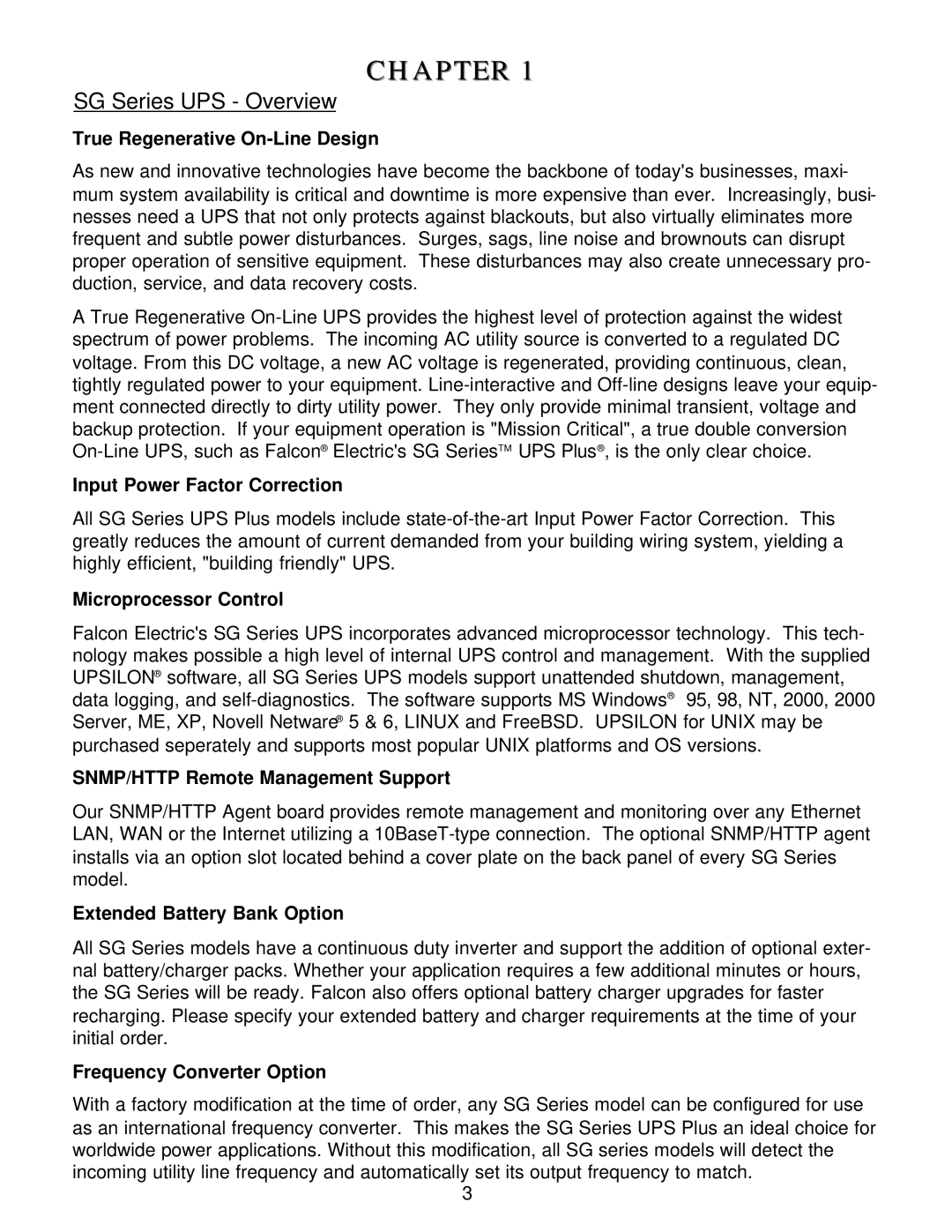 Falcon SG6K-2TC, SG5K-1TXC True Regenerative On-Line Design, Input Power Factor Correction, Microprocessor Control 