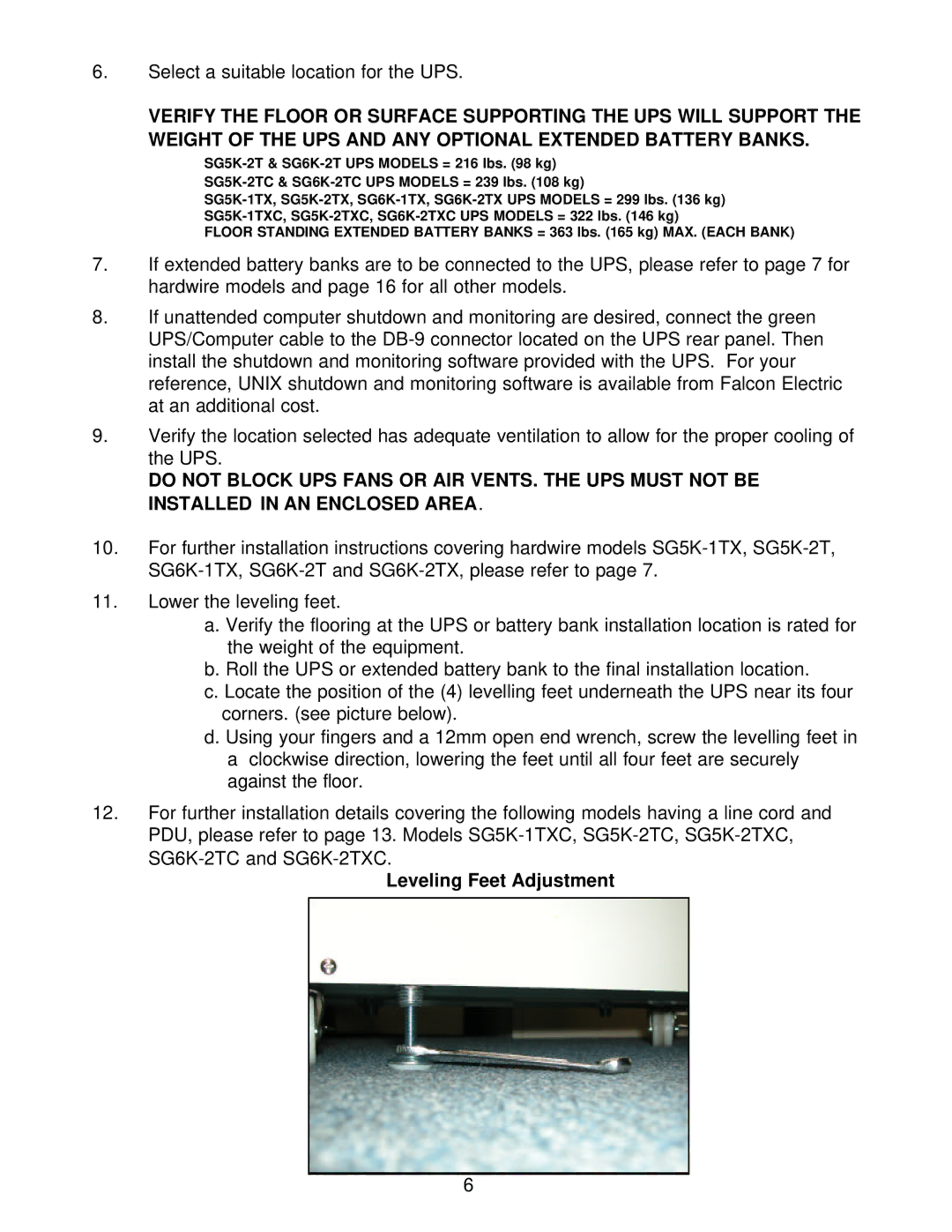 Falcon SG6K-2TC, SG5K-1TXC, SG5K-2TXC, SG5K-2TC, SG6K-1TX specifications Leveling Feet Adjustment 