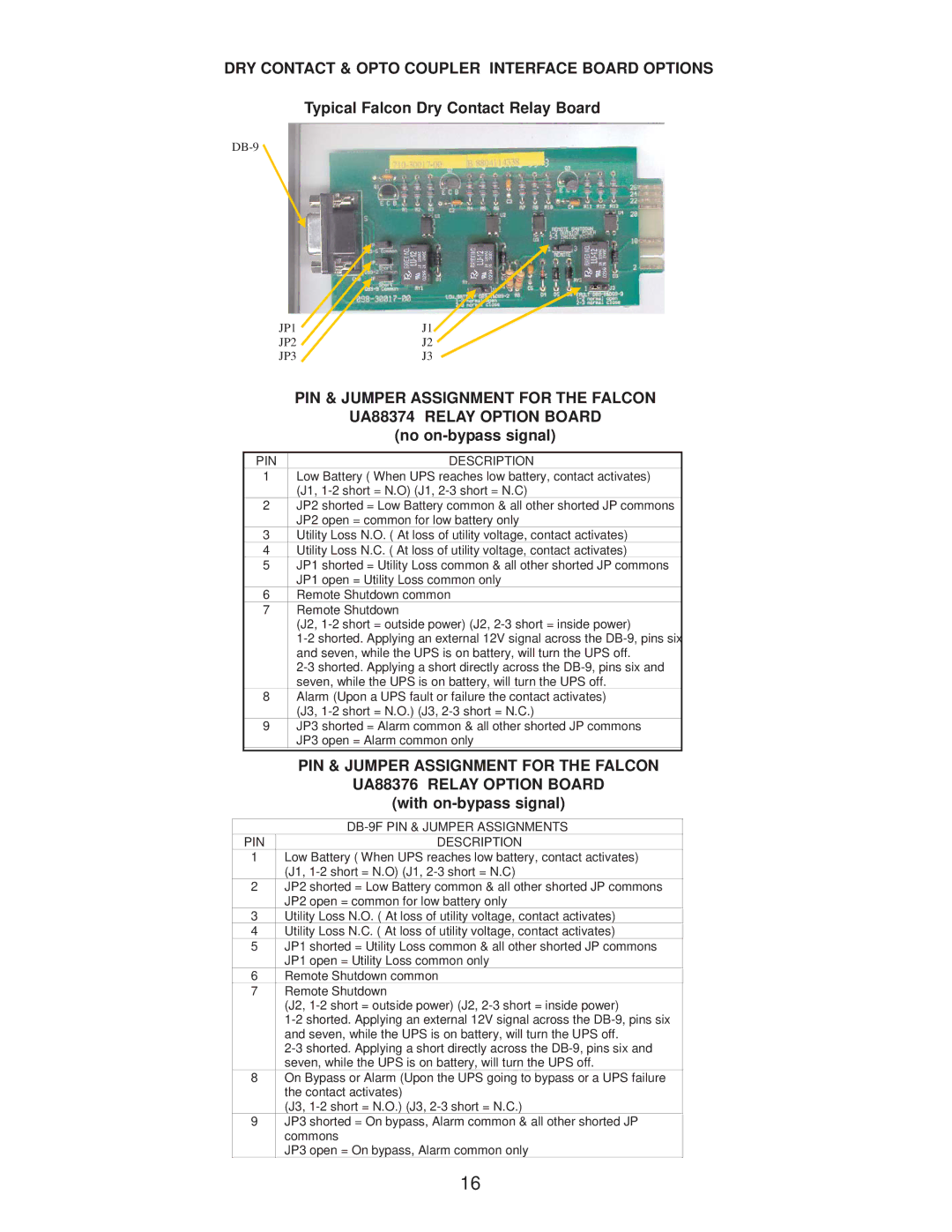 Falcon SG800-1T, SG800-2T specifications Typical Falcon Dry Contact Relay Board, No on-bypass signal, With on-bypass signal 