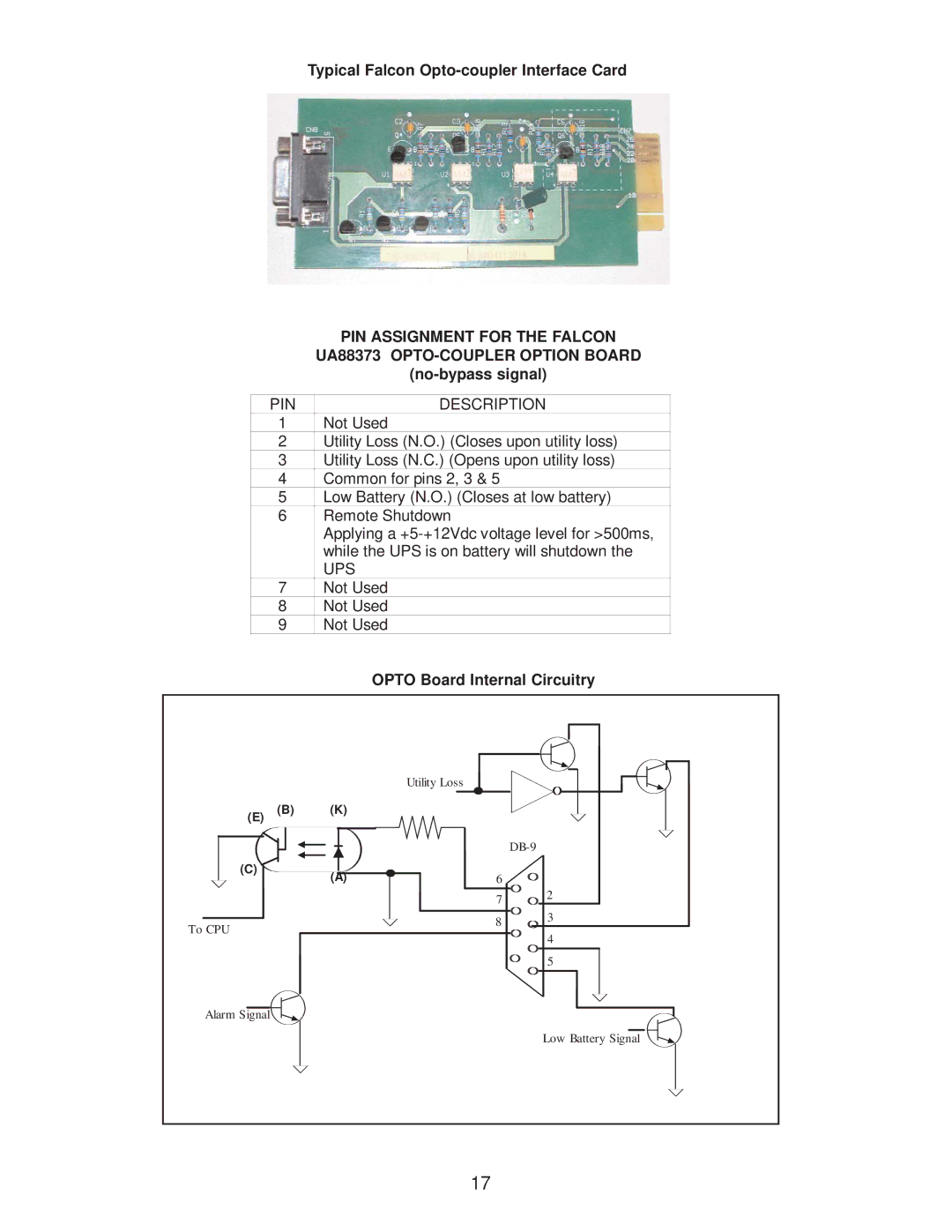 Falcon SG800-2T, SG800-1T Typical Falcon Opto-coupler Interface Card, No-bypass signal, Opto Board Internal Circuitry 