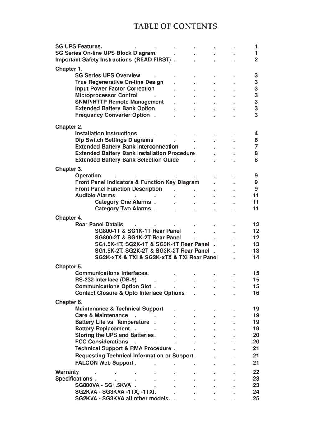 Falcon SG800-1T, SG800-2T specifications Table of Contents 