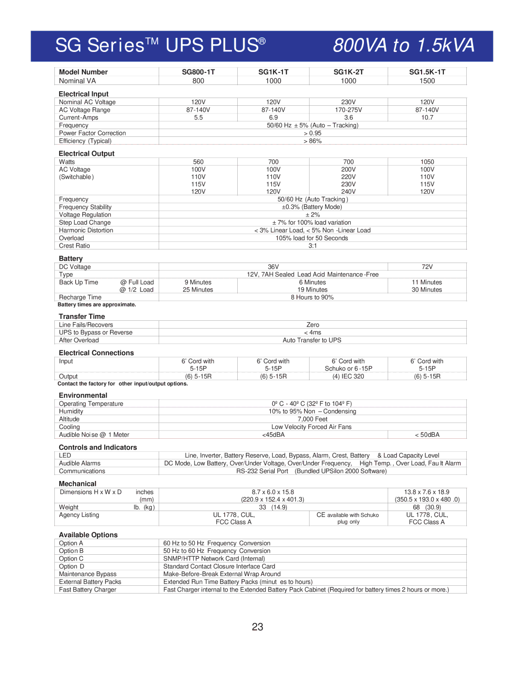 Falcon SG800-2T, SG800-1T specifications SG SeriesTM UPS Plus 