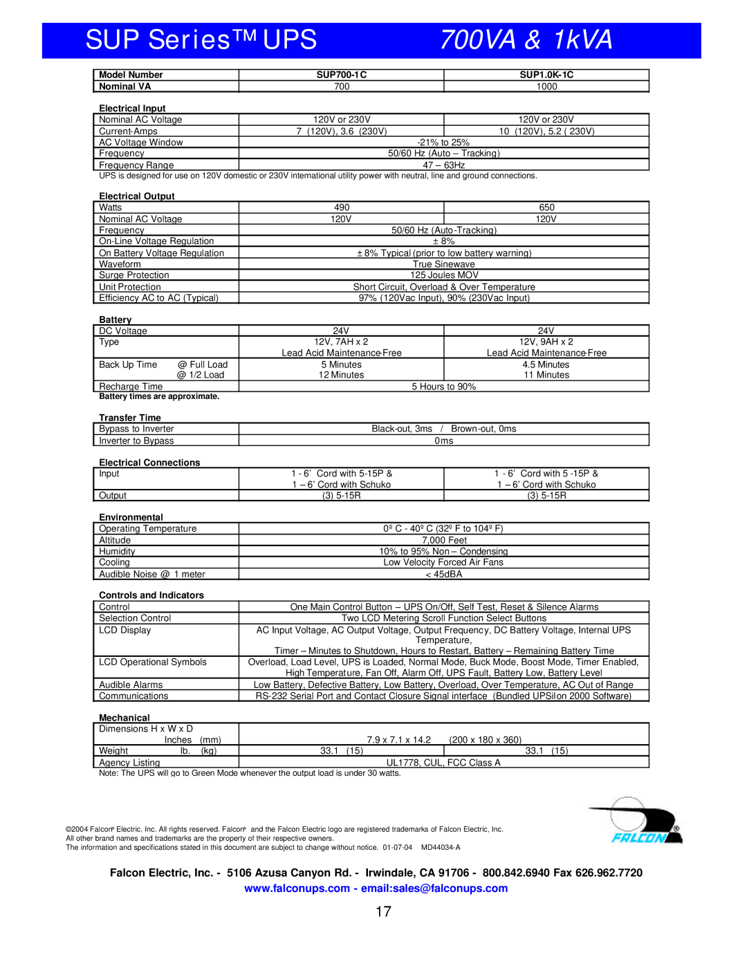 Falcon SUP700-1C, SUP1.0K-1C manual 700VA & 1kVA 