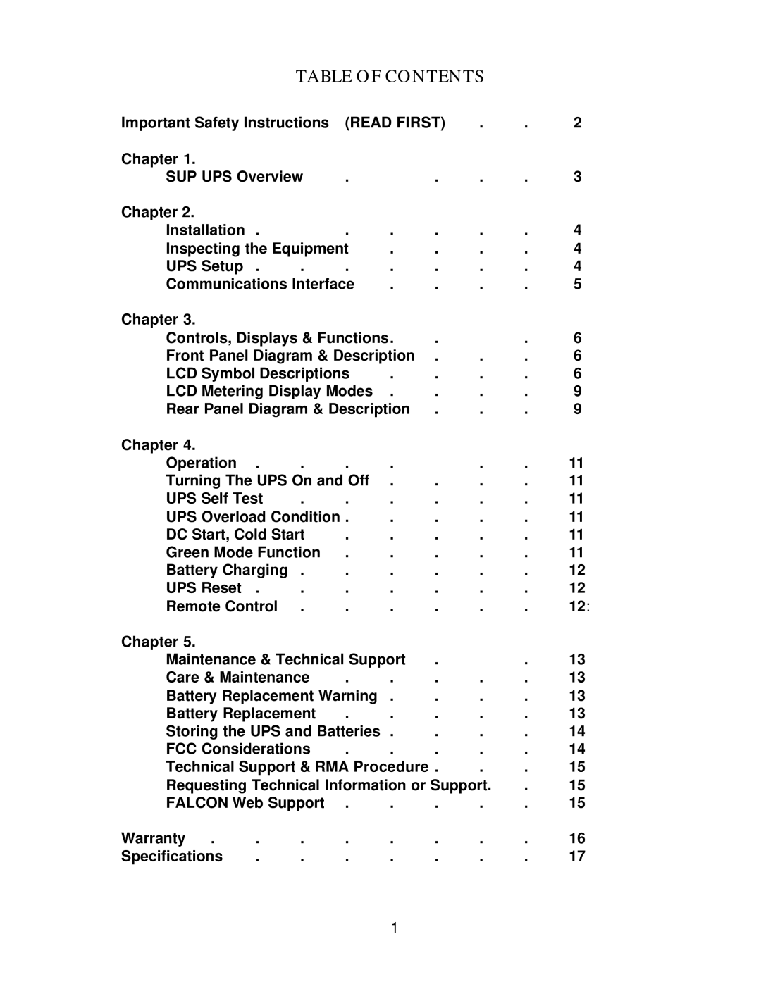 Falcon SUP700-1C, SUP1.0K-1C manual Table of Contents 