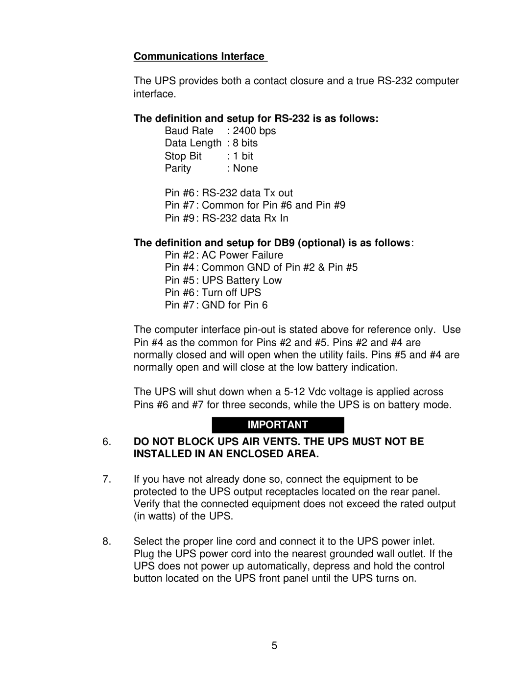 Falcon SUP700-1C, SUP1.0K-1C manual Communications Interface, Definition and setup for RS-232 is as follows 