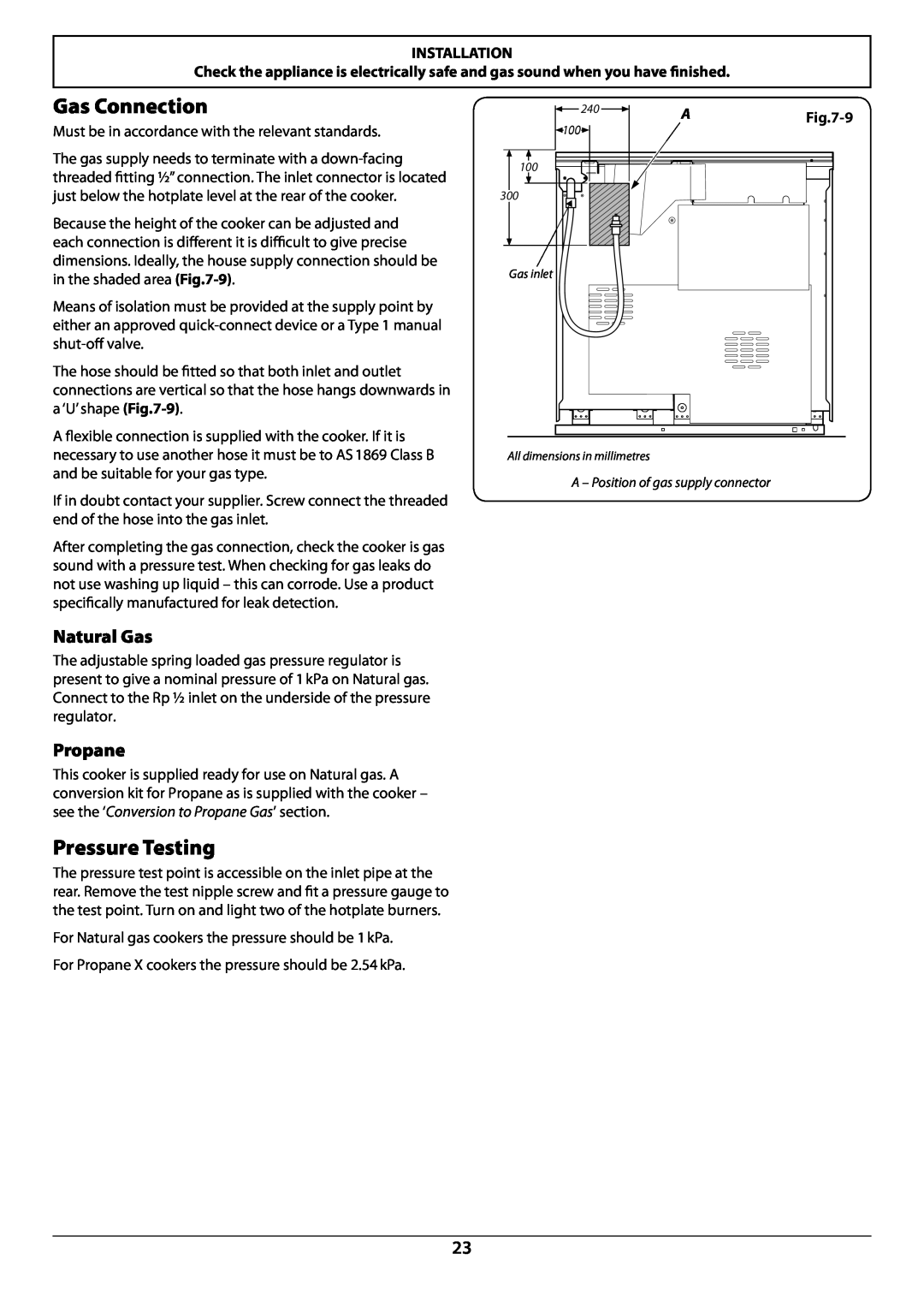Falcon U108610-07 installation instructions Gas Connection, Pressure Testing, Natural Gas, Propane, Installation, 9 