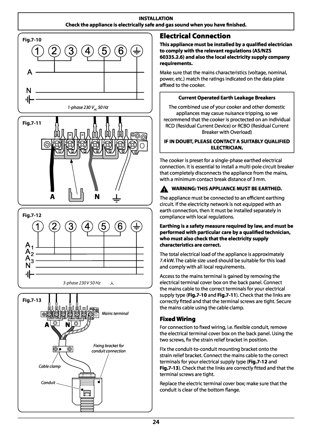 Falcon U108610-07 installation instructions A N, Fixed Wiring, 11, 12, 13, Current Operated Earth Leakage Breakers 