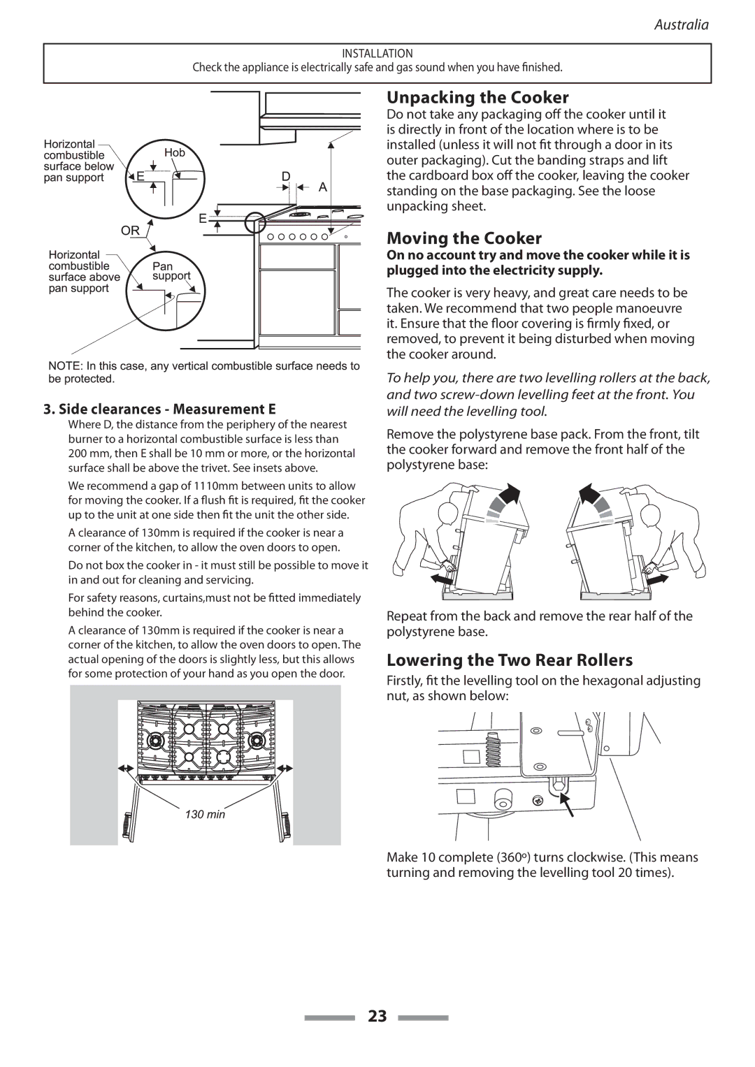 Falcon U109635-02 Unpacking the Cooker, Moving the Cooker, Lowering the Two Rear Rollers, Side clearances Measurement E 