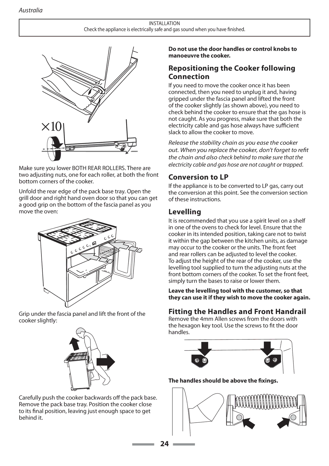 Falcon U109635-02 manual Repositioning the Cooker following Connection, Conversion to LP, Levelling 