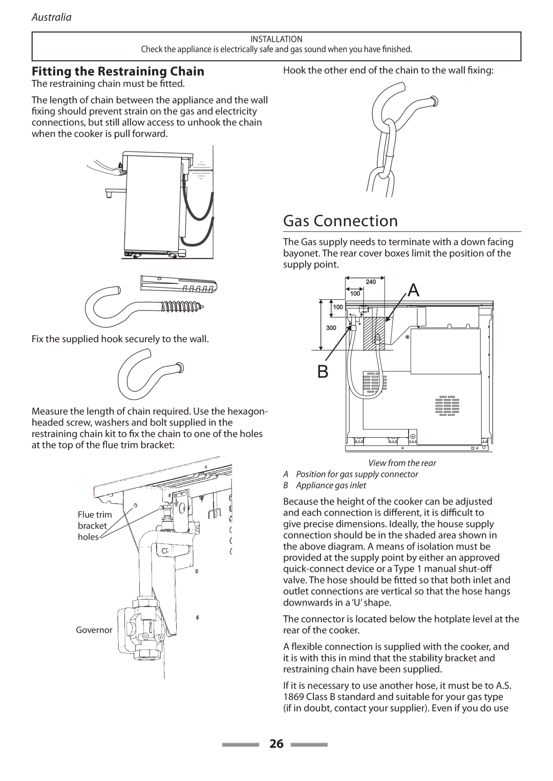 Falcon U109635-02 manual Gas Connection, Fitting the Restraining Chain 