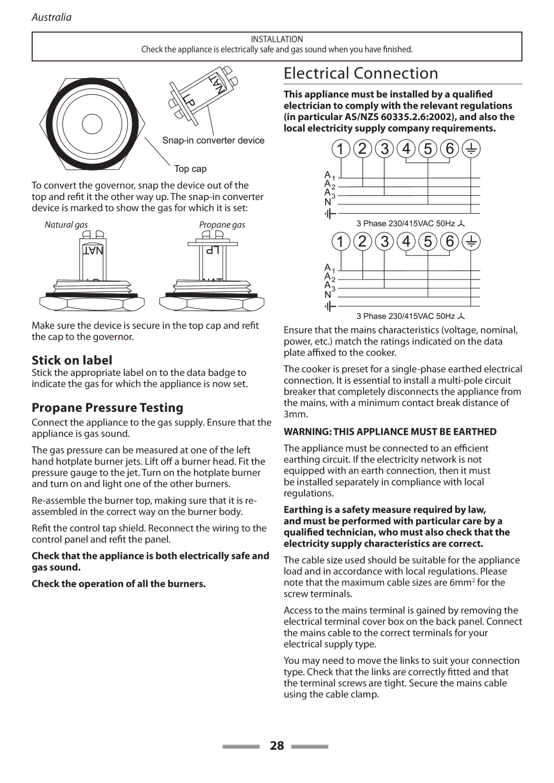 Falcon U109635-02 manual Electrical Connection, Stick on label, Propane Pressure Testing 