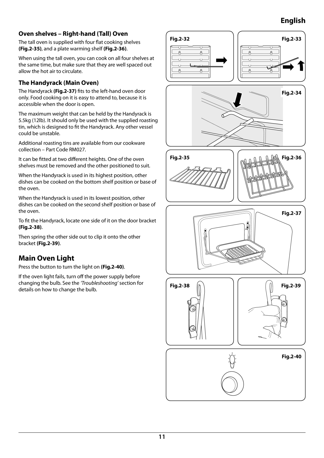 Falcon U109988 - 02 manual Main Oven Light, Oven shelves Right-hand Tall Oven, Handyrack Main Oven 