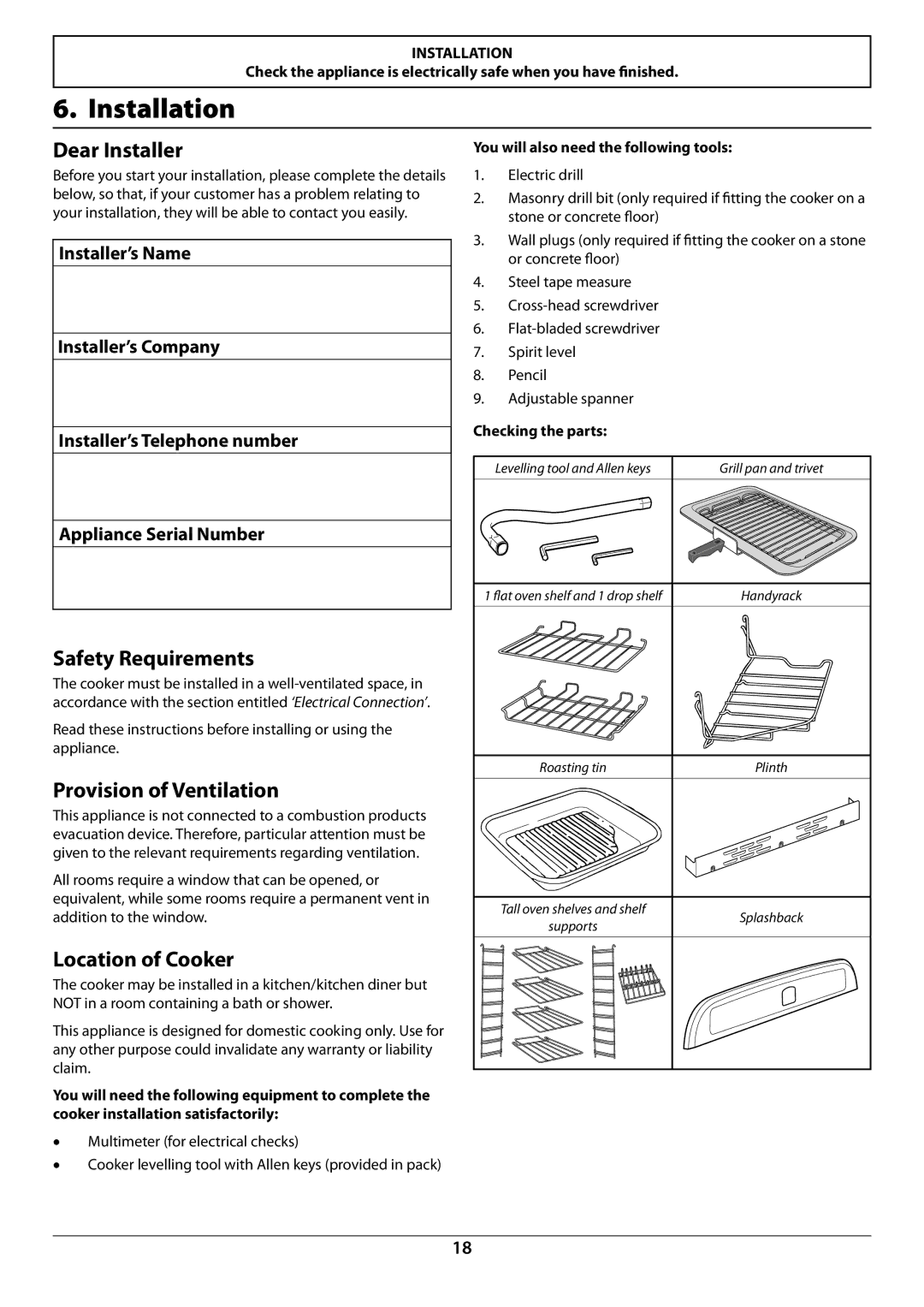 Falcon U109988 - 02 manual Installation, Dear Installer, Safety Requirements, Provision of Ventilation, Location of Cooker 