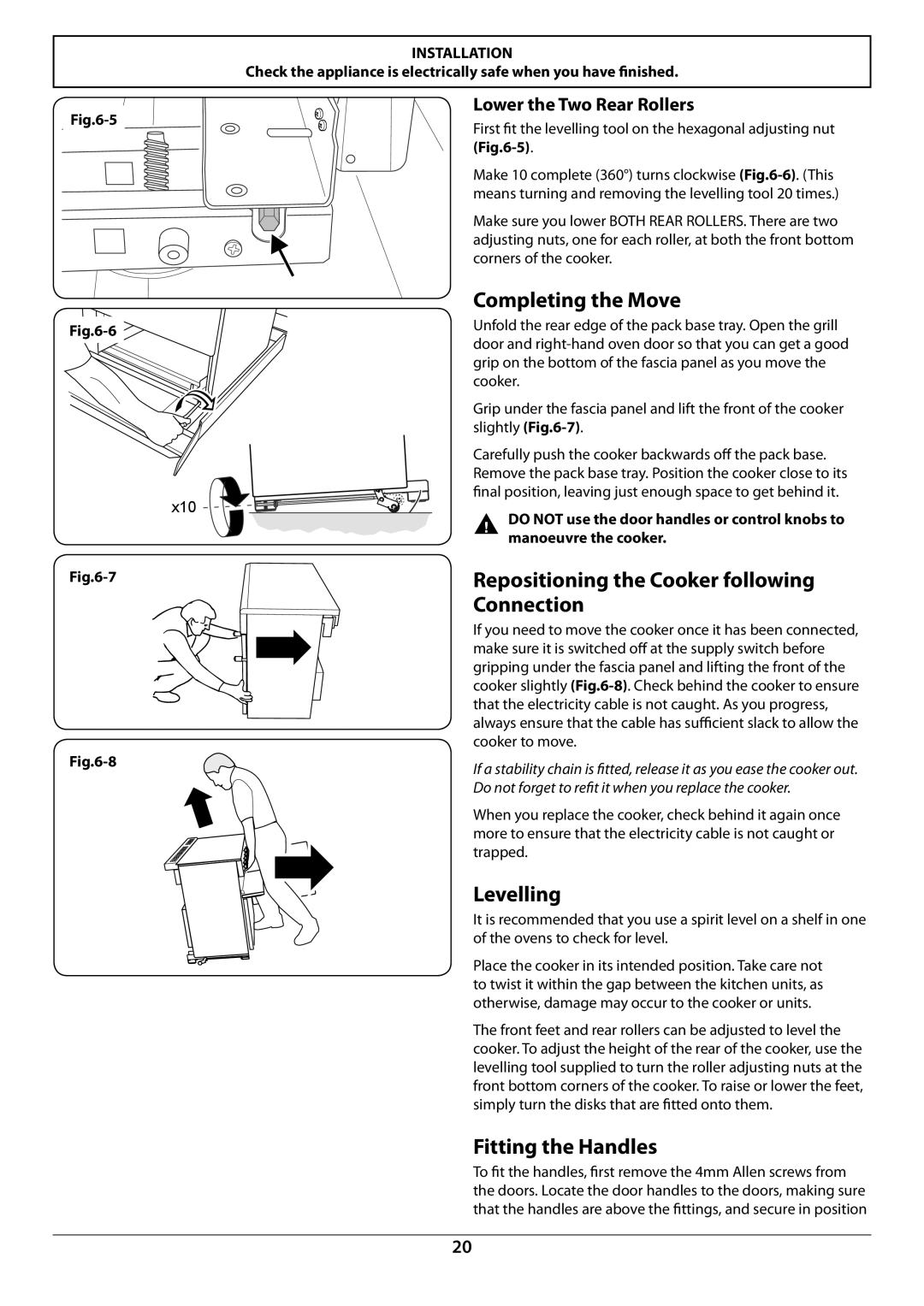 Falcon U109988 - 02 Completing the Move, Repositioning the Cooker following Connection, Levelling, Fitting the Handles 