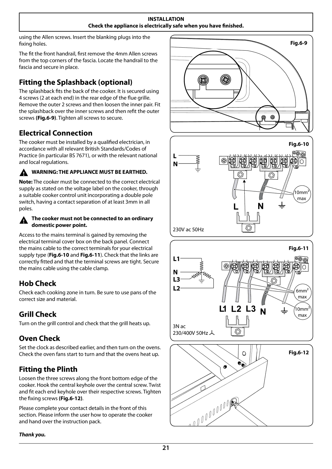 Falcon U109988 - 02 manual Fitting the Splashback optional, Electrical Connection, Hob Check, Grill Check, Oven Check 