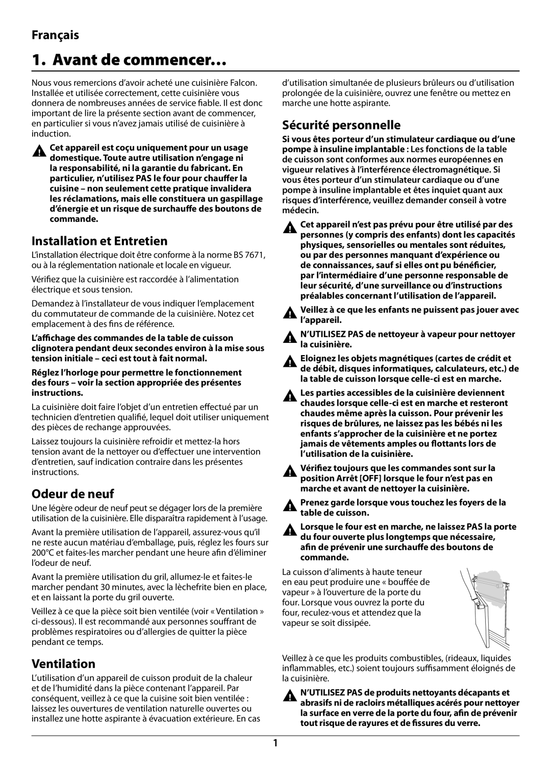 Falcon U109988 - 02 manual Avant de commencer…, Installation et Entretien, Odeur de neuf, Sécurité personnelle 