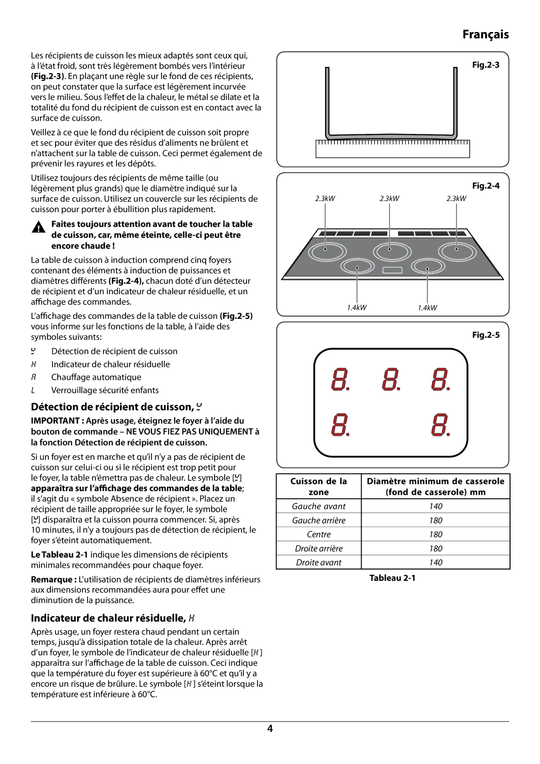 Falcon U109988 - 02 manual Détection de récipient de cuisson, Indicateur de chaleur résiduelle, H, Tableau 