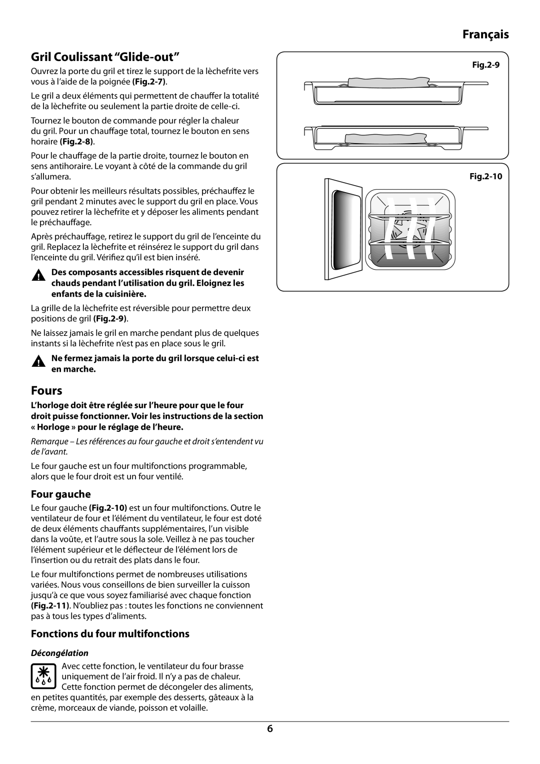 Falcon U109988 - 02 manual Gril Coulissant Glide-out, Fours, Four gauche, Fonctions du four multifonctions, Décongélation 