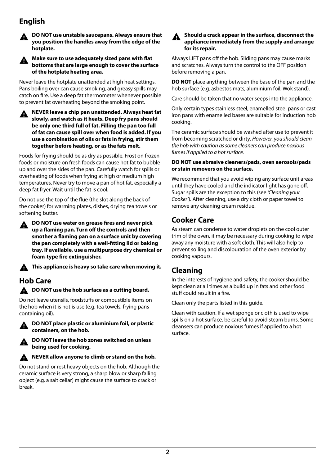 Falcon U109988 - 02 manual Hob Care, Cooker Care, Cleaning,  do not use the hob surface as a cutting board 