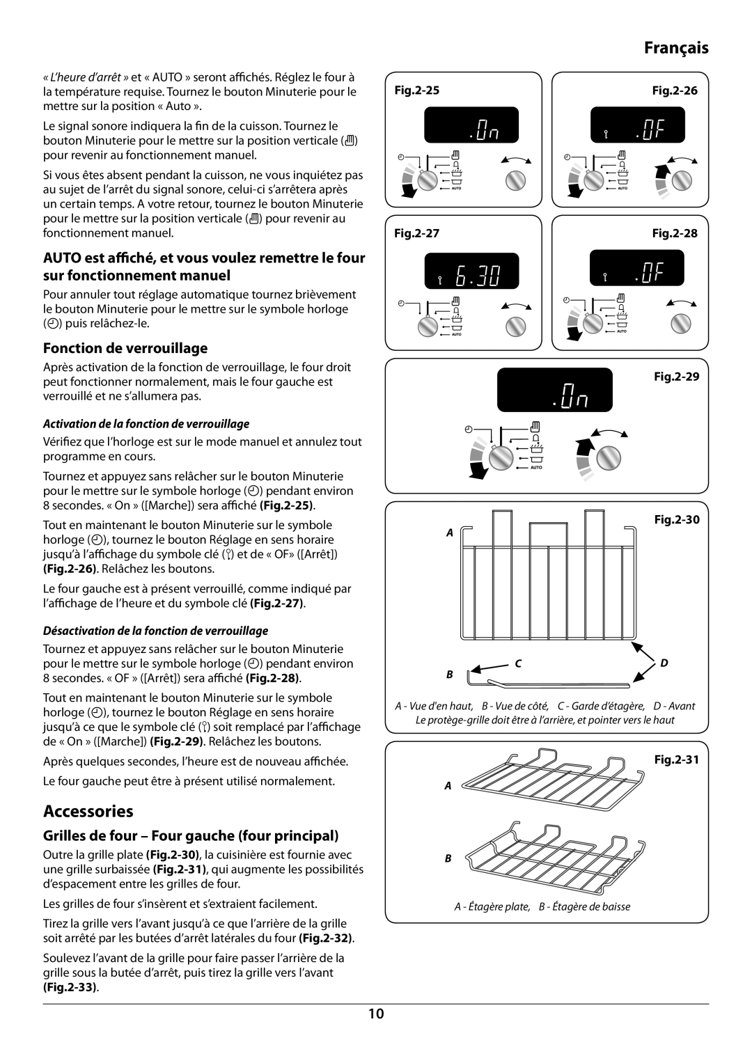 Falcon U109988 - 02 manual Fonction de verrouillage, Grilles de four Four gauche four principal 