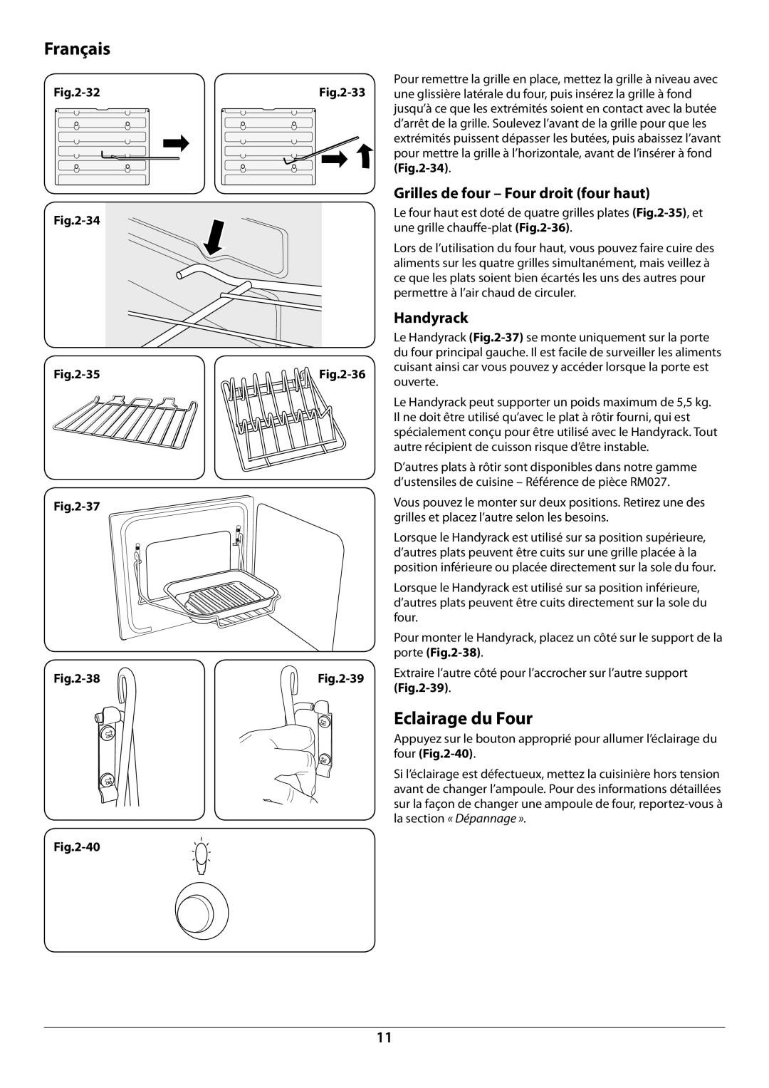 Falcon U109988 - 02 manual Eclairage du Four, Grilles de four Four droit four haut, Handyrack 