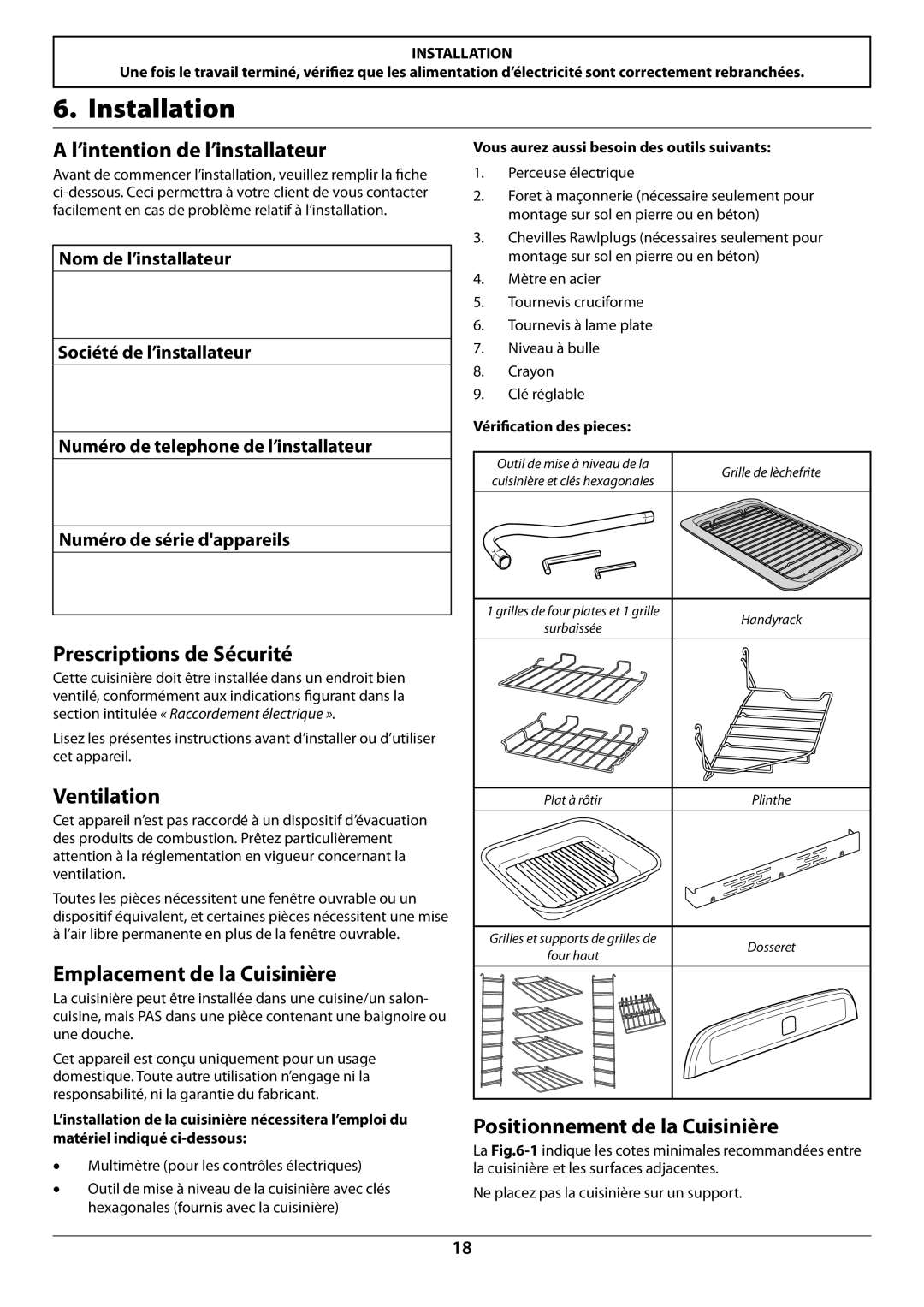 Falcon U109988 - 02 manual ’intention de l’installateur, Prescriptions de Sécurité, Emplacement de la Cuisinière 