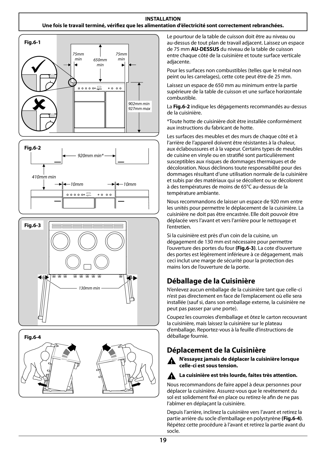 Falcon U109988 - 02 manual Déballage de la Cuisinière, Déplacement de la Cuisinière 